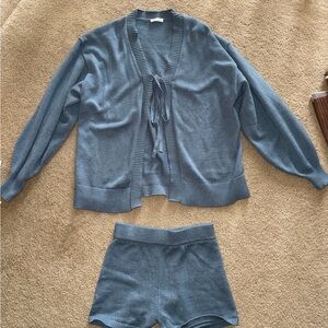 Blue Knit Cardigan and Shorts Set